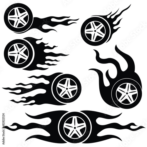 Set of racing tire with flame vector illustration. Car wheel burnout