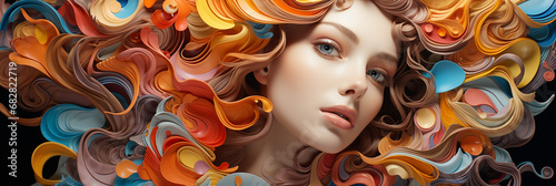 A web banner of women head and face coved with dyed colorful ripple hair illustration 