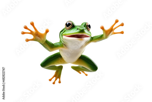 a high quality stock photograph of a single jumping happy frog isolated on a white background photo