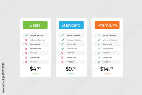 pricing comparison table template basic standard premium. clean simple template for website