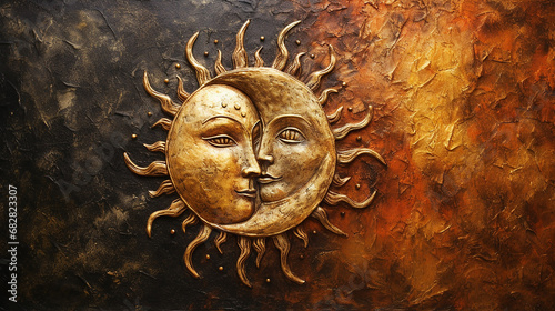 Textura Mística da Parede Sol e Lua Tons Terra, Cobre e Gol
