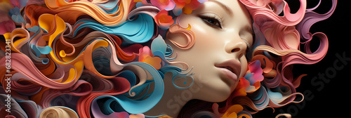 A Facebook banner of women head and face coved with colorful ripple hair illustration 