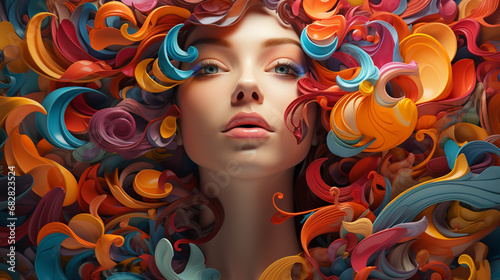 A women head and face coved with colorful ripple hair illustration 