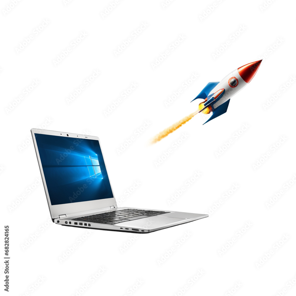 Laptop with rocket coming out of screen. Isolated on white background Laptop with rocket coming out of screen. Isolated on white background