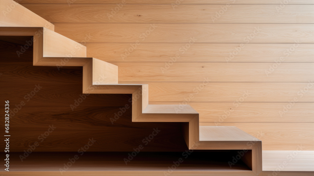 Close-up of a minimalist wooden staircase with clean lines. Close-up of a minimalist wooden staircase with clean lines.