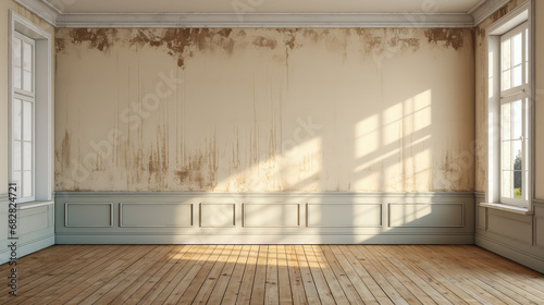 Interior of an old room with plaster walls and wooden floor. Apartment renovation concept.