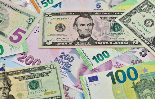 Images of various banknotes. US dollar, Turkish lira and euro photos.