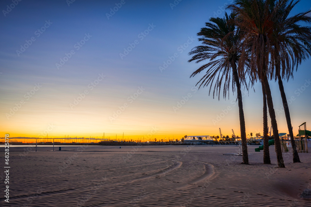 Fototapeta premium Palm trees on Playa de las Arenas beach at sunrise, Valencia. Spain