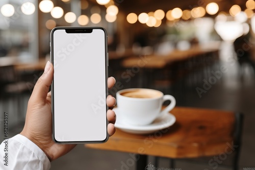 Coffee Break Connection: Mockup of Woman's Hand Holding Phone with White Blank Screen for App Design