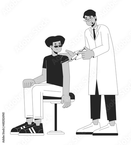 Vaccination student black and white cartoon flat illustration. Arab doctor vaccine injecting latino man 2D lineart characters isolated. Infection control hospital monochrome scene vector outline image