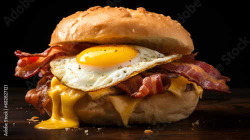 A bacon egg and cheese breakfast sandwich on a bun. photo