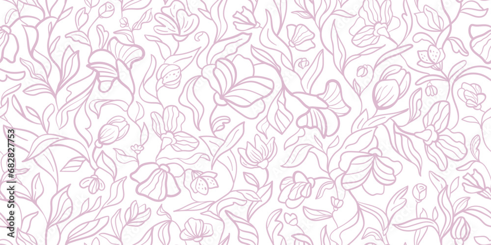 Outline flowers background. Linear floral seamless pattern. Hand drawn leaves. Vector illustration. Graphic motif, plants in line art style.