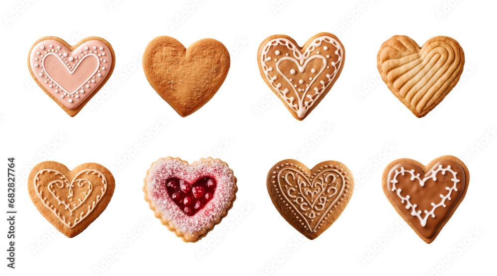 Collection set of heart-shaped cookies or biscuits isolated on a transparent background Collection set of heart-shaped cookies or biscuits isolated on a transparent background