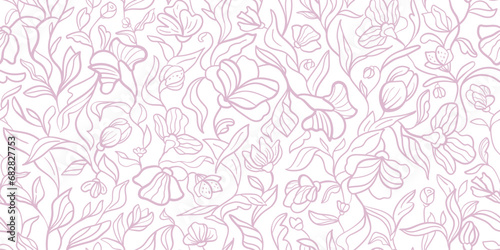 Outline flowers background. Linear floral seamless pattern. Hand drawn leaves. Vector illustration. Graphic motif, plants in line art style.