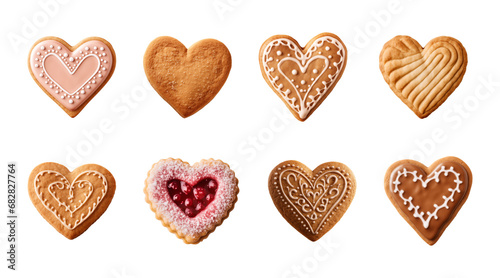 Collection set of heart-shaped cookies or biscuits isolated on a transparent background photo