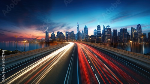 The motion blur of a busy urban highway during the evening rush hour. The city skyline serves as the background  illuminated by a sea of headlights and taillights with AI