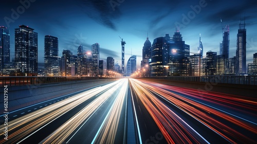 The motion blur of a busy urban highway during the evening rush hour. The city skyline serves as the background  illuminated by a sea of headlights and taillights with AI