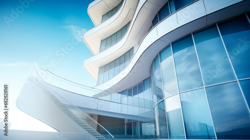 White facade of a modern building in deconstructivist style against a background of blue sky on a sunny day photo