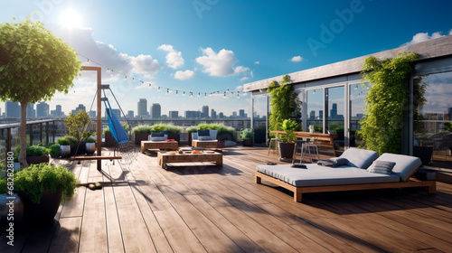 Relaxation space with upholstered furniture and landscaping on the roof of a city house overlooking the city