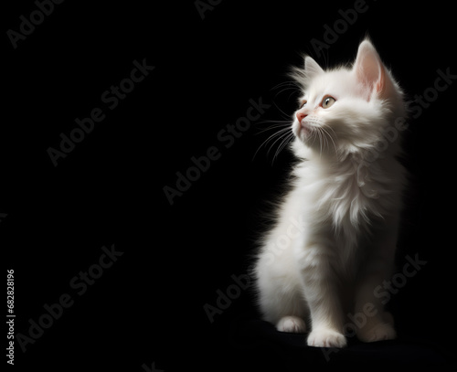 Close-up of cute white fluffy kitten looking up on a black background with copy space