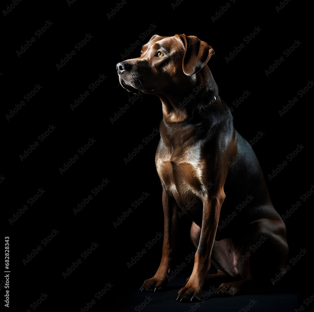 Full length portrait of dog looking up isolated on black background with copy space Full length portrait of dog looking up isolated on black background with copy space