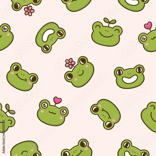 Seamless pattern with cute and funny frog faces. Cartoon toad characters with heart, flower, green sprout. Kawaii vector illustration on a beige background. Funny animal print.