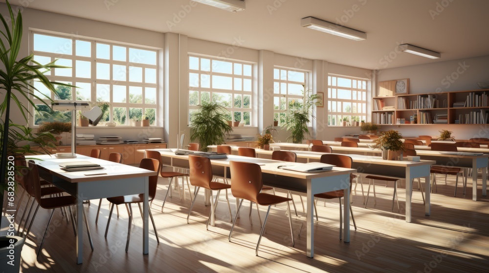 Interior of clean bright classroom in modern school or college. Spacious room with white walls, large comfortable desks, chairs, bookshelves, indoor plants, large windows.