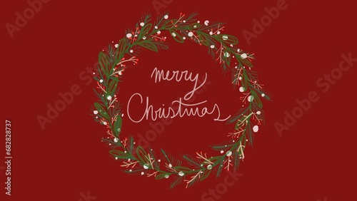 Merry Christmas Wreath illustration on red background