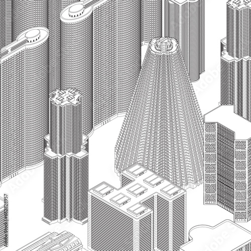 City buildings skyline of metropolitan outline. Town skyline line art vector illustration. Abstract modern urban landscape drawing background, architecture building construction perspective design. 3D