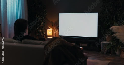 Cheerful pretty young teenager daughter sister woman after hard long day at work resting watching news movie work job white screen mockup concept.