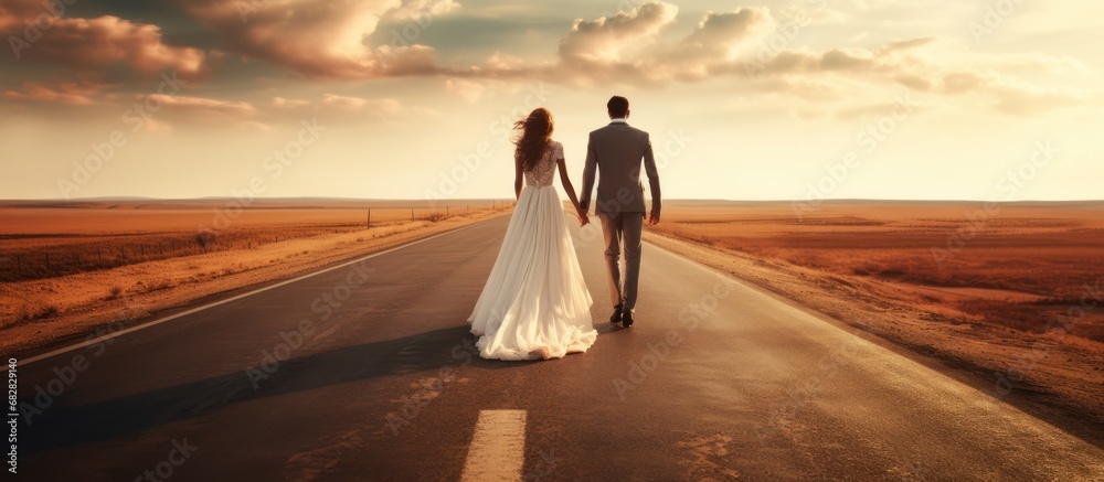 Wedding couple Bride and groom walking on the road in sunset.
