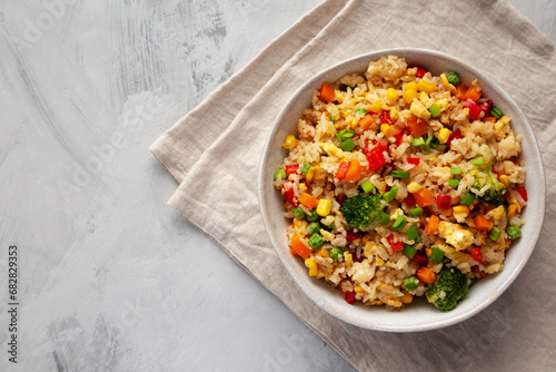 Homemade Veggie Fried Rice in a Bowl, top view. Flat lay, overhead, from above. Copy space.