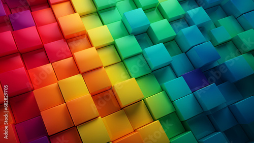 Abstract geometric rainbow colors colored 3d wooden square cubes texture wall.