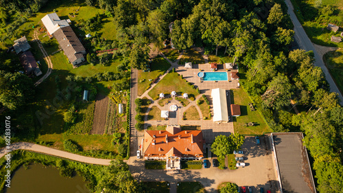 Aerial photo from drone to Svente (Jaunsvente) manor on a beautiful sunny summer day. Svente ,Daugavpils, Latvia, Latgale, Europe photo