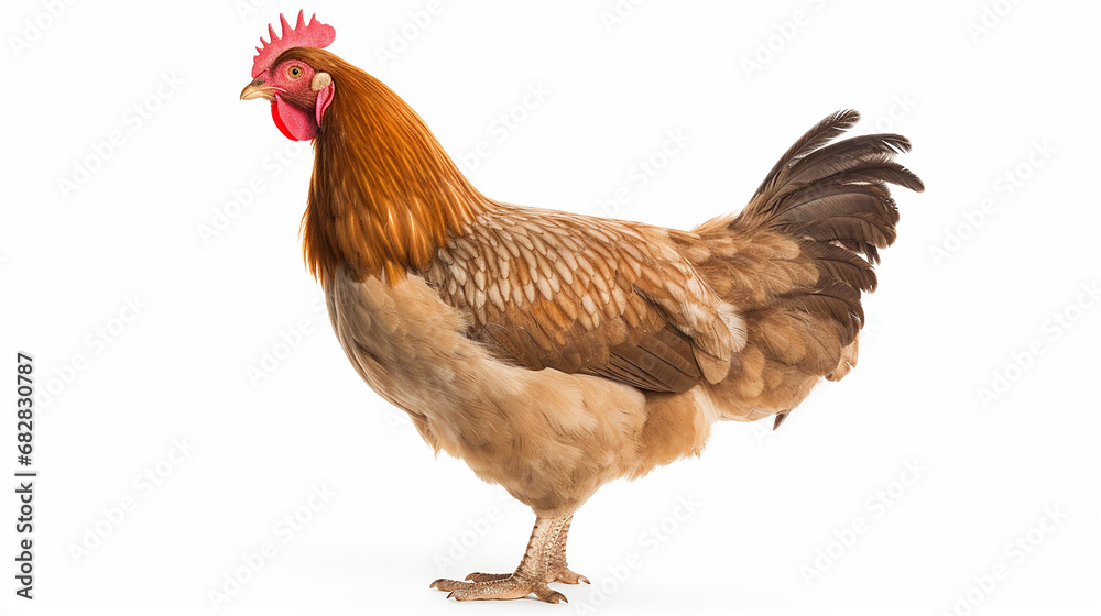 Fototapeta premium Brown Barnevelder chicken hen standing side ways looking to the left, isolated on white background. Made with generative ai