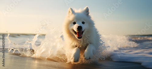 Japanese Spitz puppy running on the Beach. Cheerful Japanese Spitz Dog Playfully Running on Sandy Beach