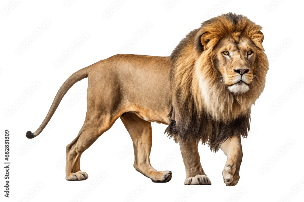Side view of a Lion walking on a clipped PNG transparent background