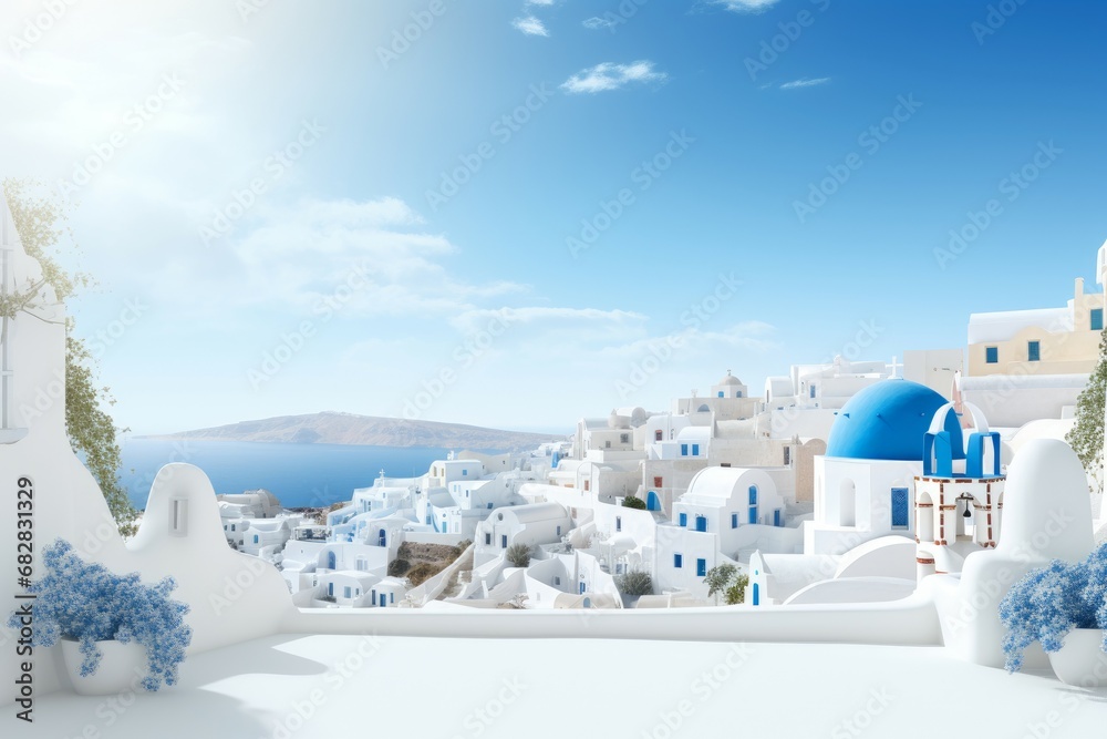 Naklejka premium Relaxing Greece day vacation background. Panoramic beauty. Generate Ai