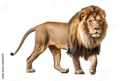 Side view of a Lion walking on a clipped PNG transparent background