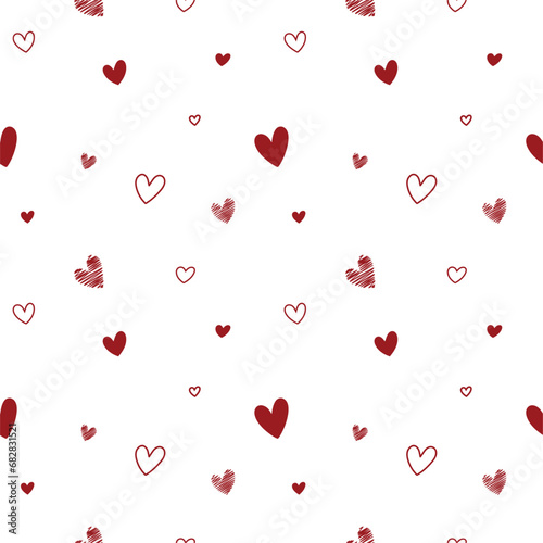 Cute Red Hearts Seamless Pattern on White Background, Christmas, Valentines Vector Illustration	