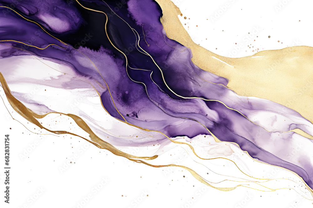 Abstract Alcohol Ink Purple and Gold Background for Invitation Cards - obrazy, fototapety, plakaty 