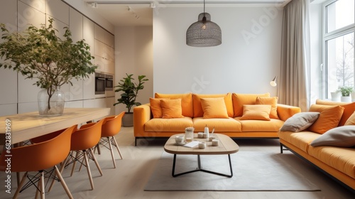 Modern living room interior design with orange sofa  coffee table and sofa. Modern Studio Apartment.