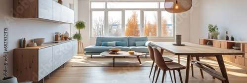 Interior of modern bright living room with blue sofa and wooden table. Modern Studio Apartment.