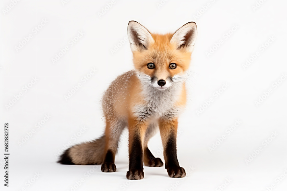 a fox standing on a white surface with a white background