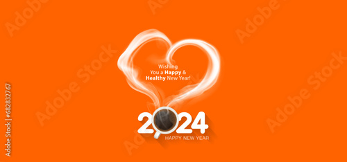 Valentine's day concept of new year 2024. Steam heart design hot coffee and tea on red background.