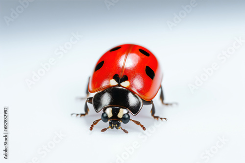 a ladybug is sitting on a white surface