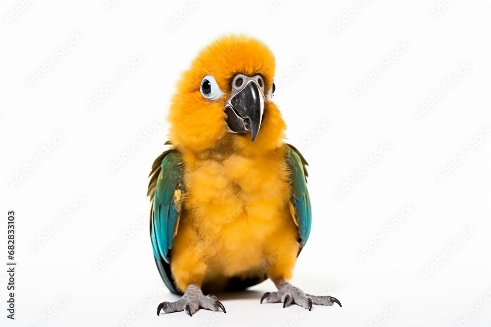 a yellow and blue bird with a big beak