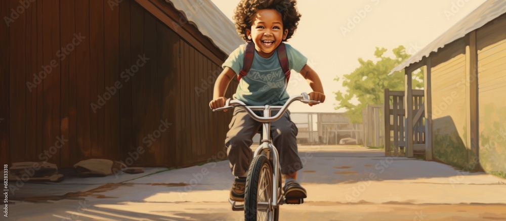 A Child learning how to ride a bicycle in outdoor blur background. AI generated image - obrazy, fototapety, plakaty 