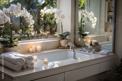 Fragment of modern stylish bathroom in natural colors. Wall-hung countertop with built-in sink  flowers and candles  large panoramic window with picturesque garden view. Contemporary interior design.