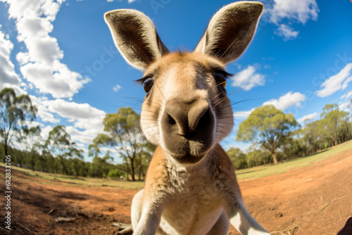 a kangaroo is looking at the camera with a wide angle